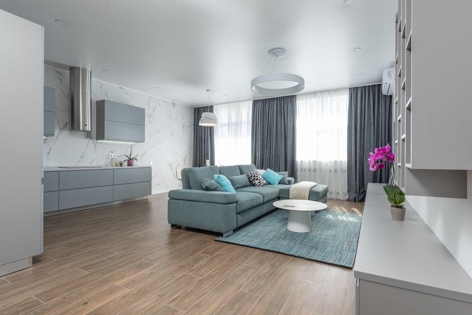 Interior of modern living room with comfortable sofa carpet and round table and open kitchen with cupboards in modern apartment